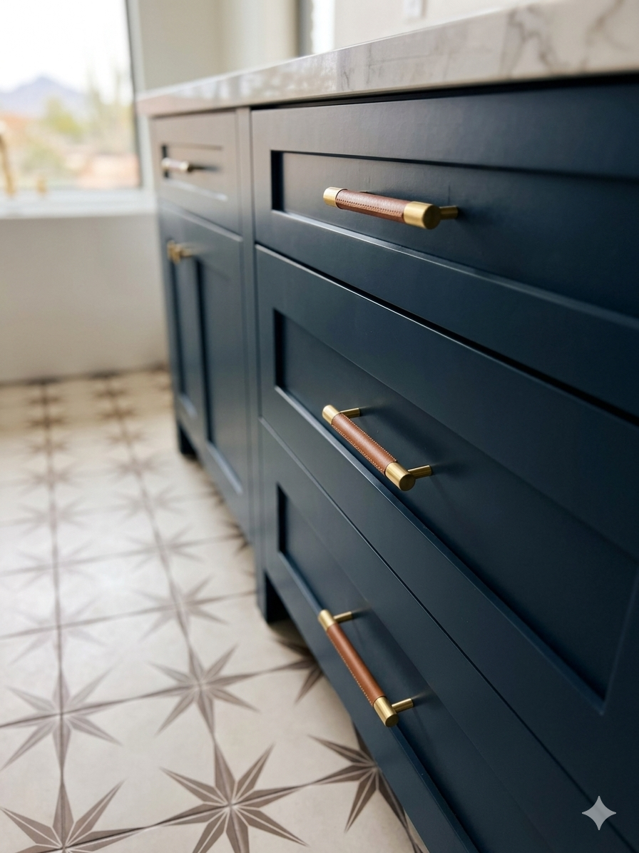 Tan leather wrapped handles with brass ends on navy drawers