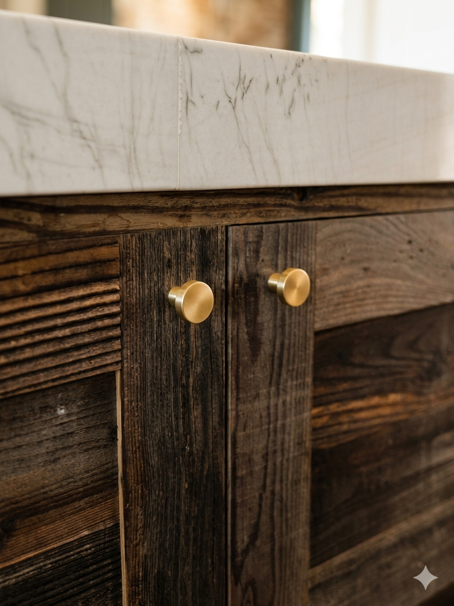 Round burnished brass knobs on dark distressed wood cabinets