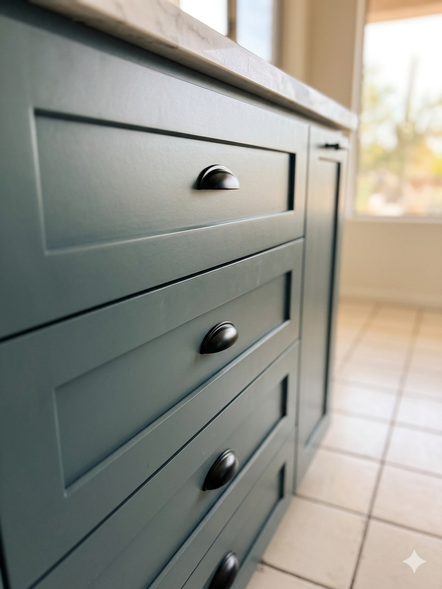 Matte black cup style drawer pulls on sage blue cabinetry