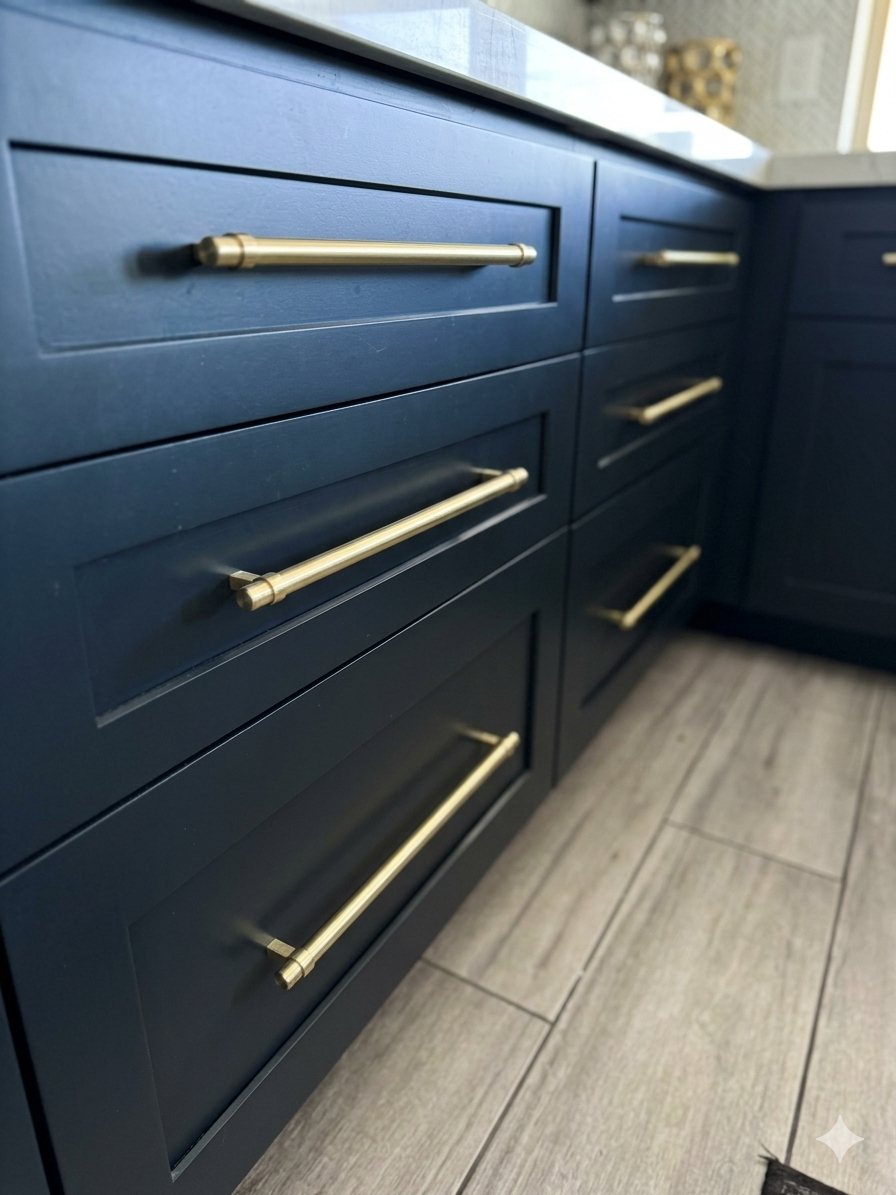 Modern gold handles on deep navy blue kitchen drawers