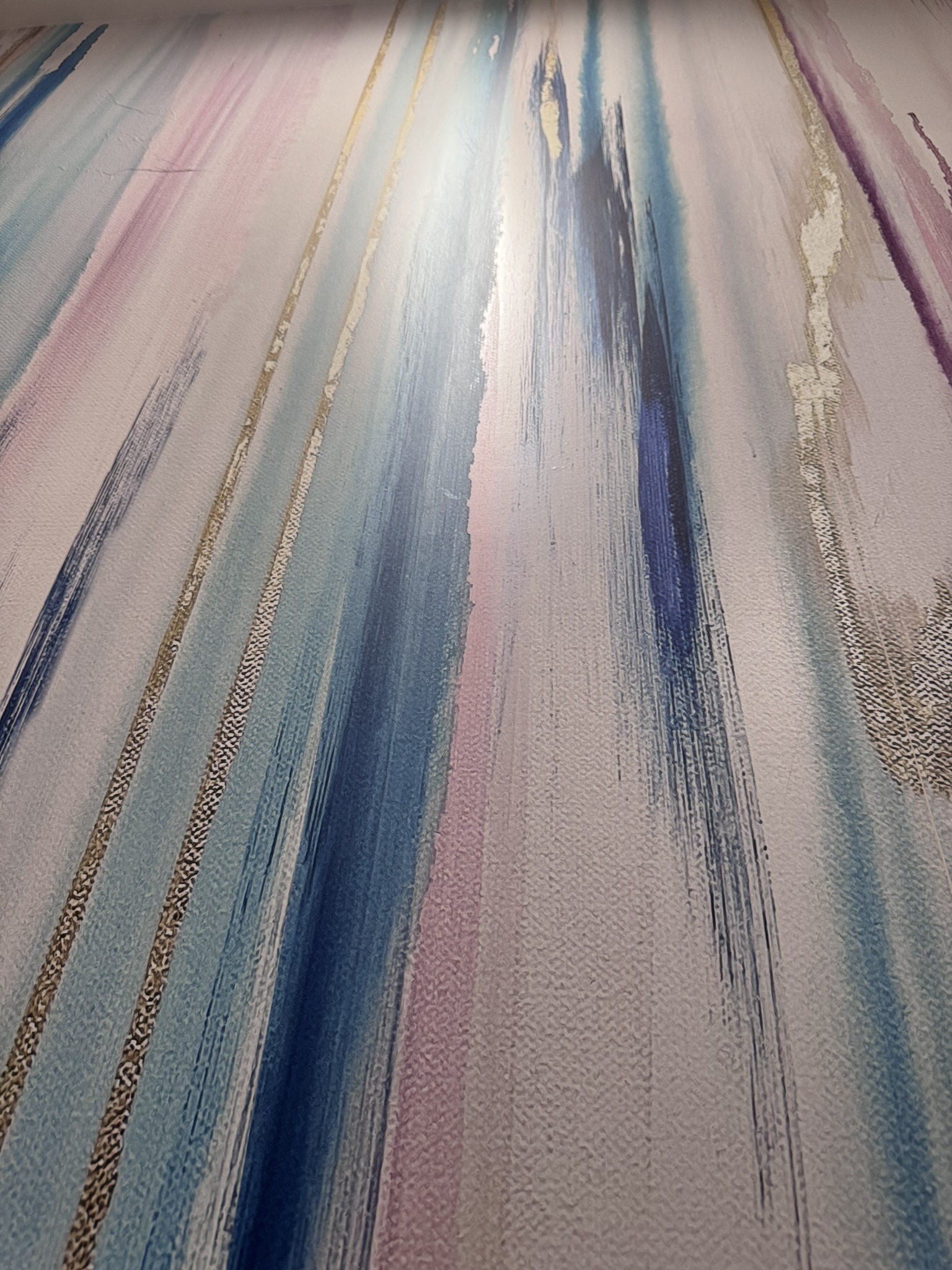 Finished Opal Falls mural with gold leaf on the hallway wall between two bedrooms