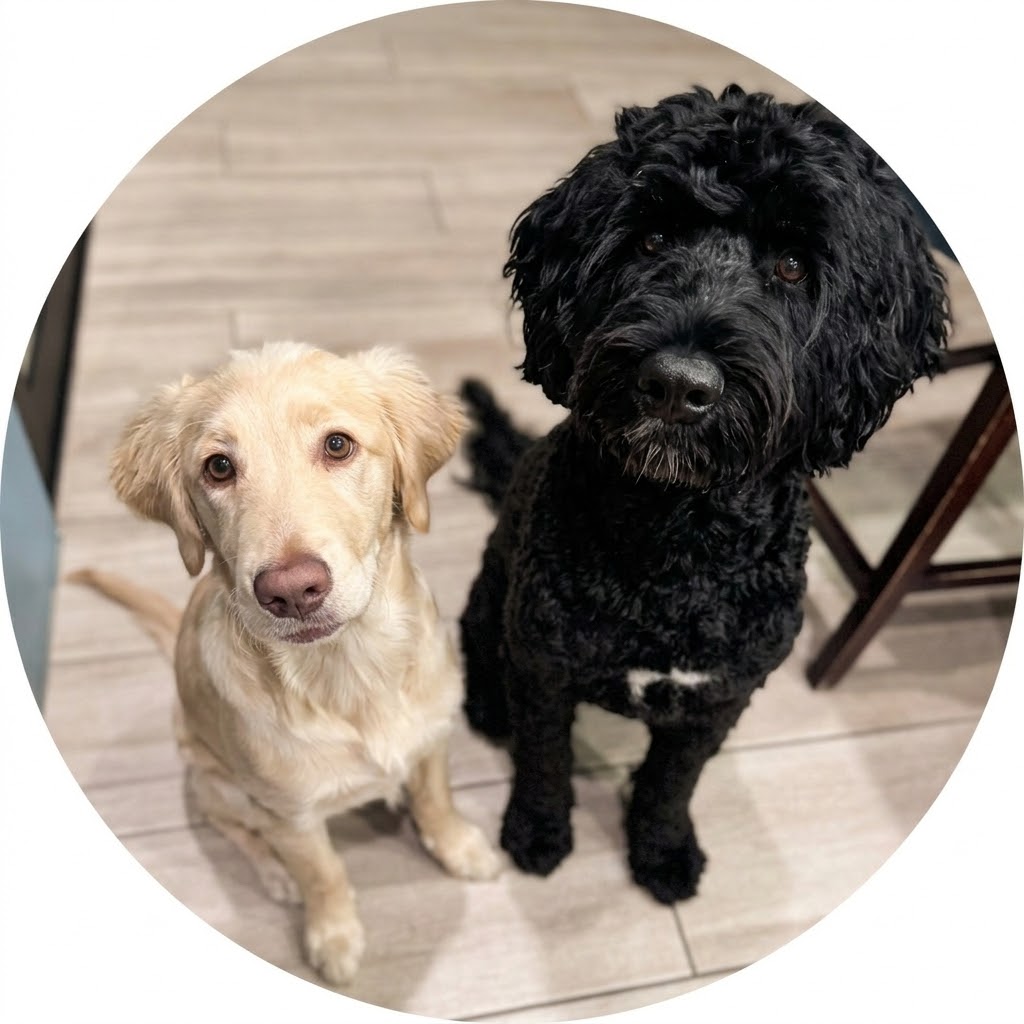Roo, a cream rescue Goldendoodle, and Sir Swipes-A-Lot, a black Portuguese Water Dog, sitting side by side